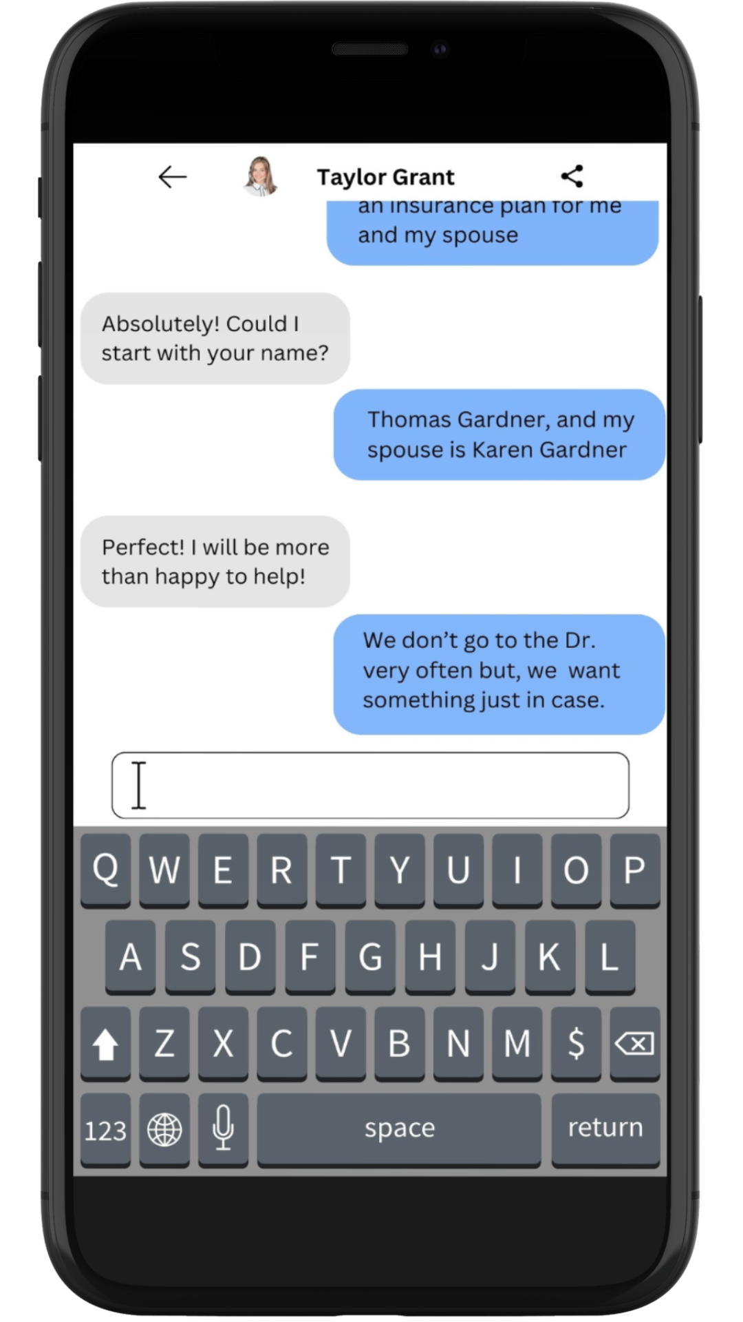 A cell phone example of the chat feature of the Health Care Plan Quotes website. The chat shows the agent, Taylor Grant, talking to a Thomas Gardner.