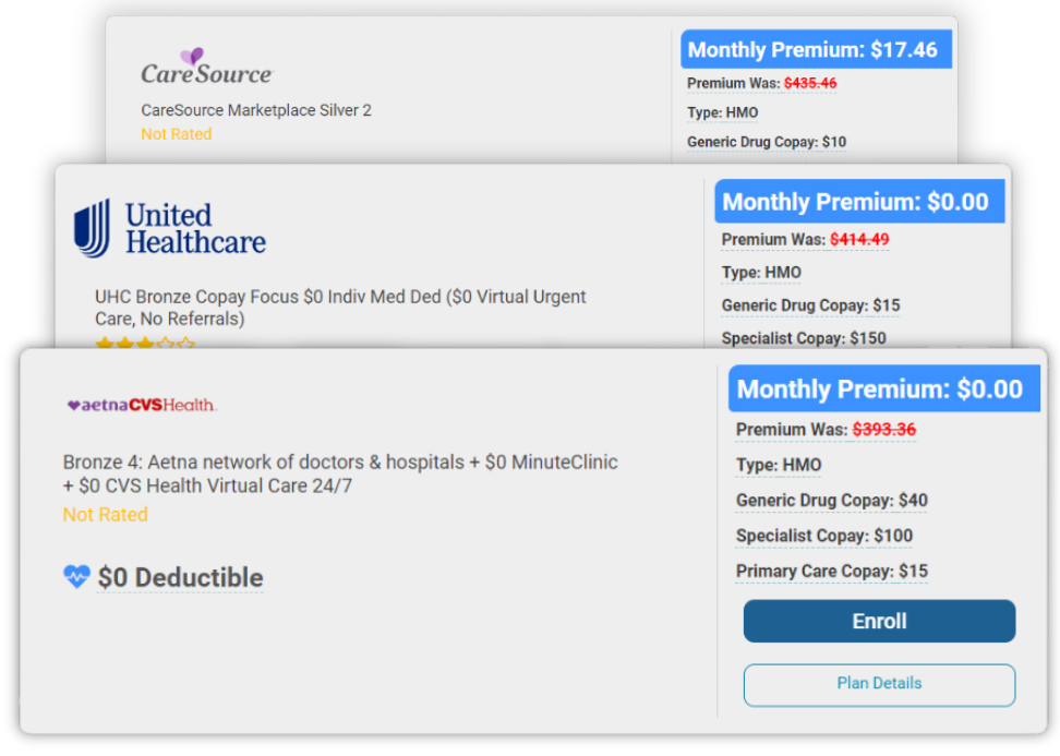 Examples of the insurance plans that you can grab with Health Care Plan Quotes. The first and second card were from aetnaCVSHealth and United Healthcare with $0 Monthly Premium. The third card is from CareSource and costs $17.46.