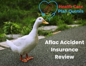 A white duck standing on pavement next to some greenery. The Health Care Plan Quotes logo is on the top right of the image with the words "Aflac Accident Insurance Review under the logo.