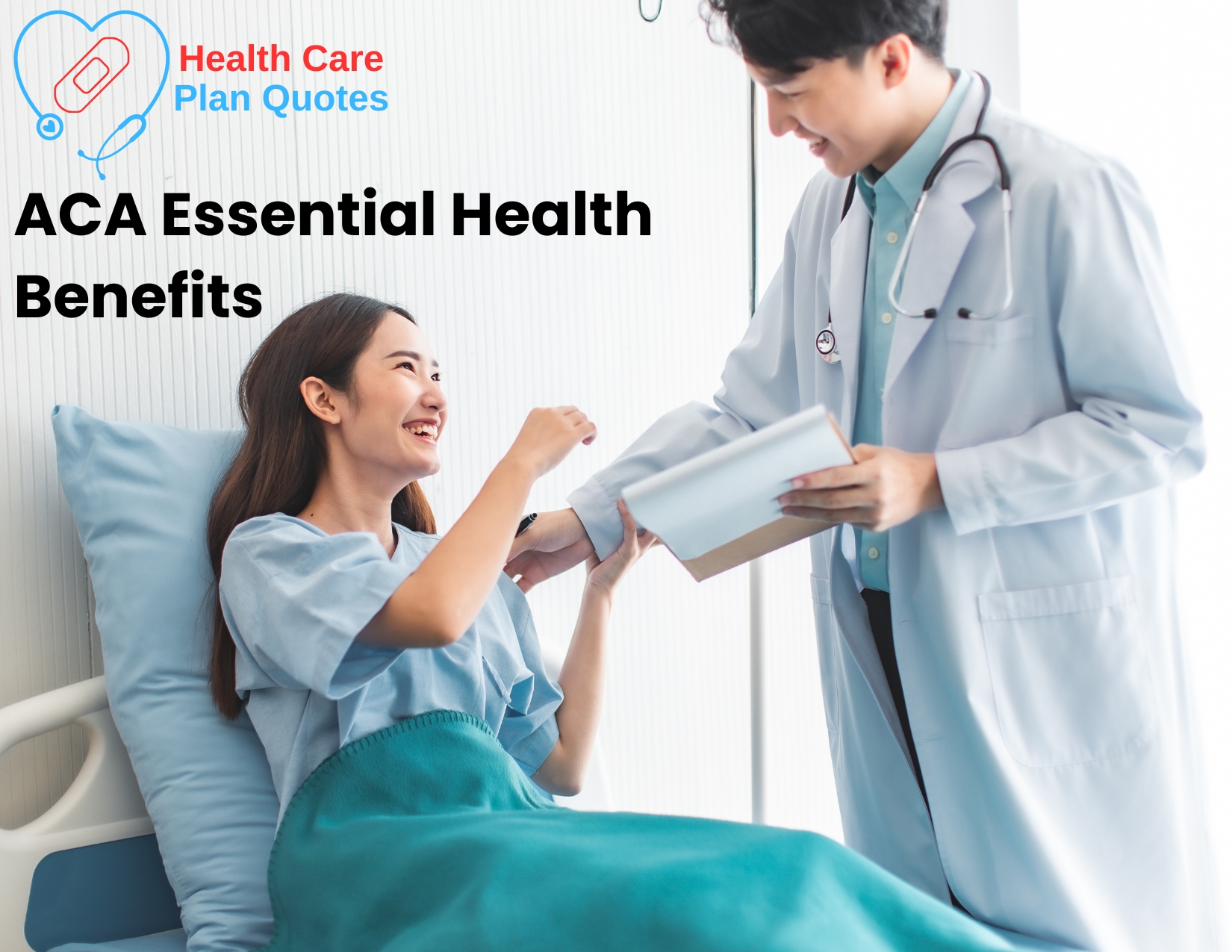 A doctor delivering a report to a patient with the Health Care Plan Quotes and text reading "ACA Essential Health Benefits" above.