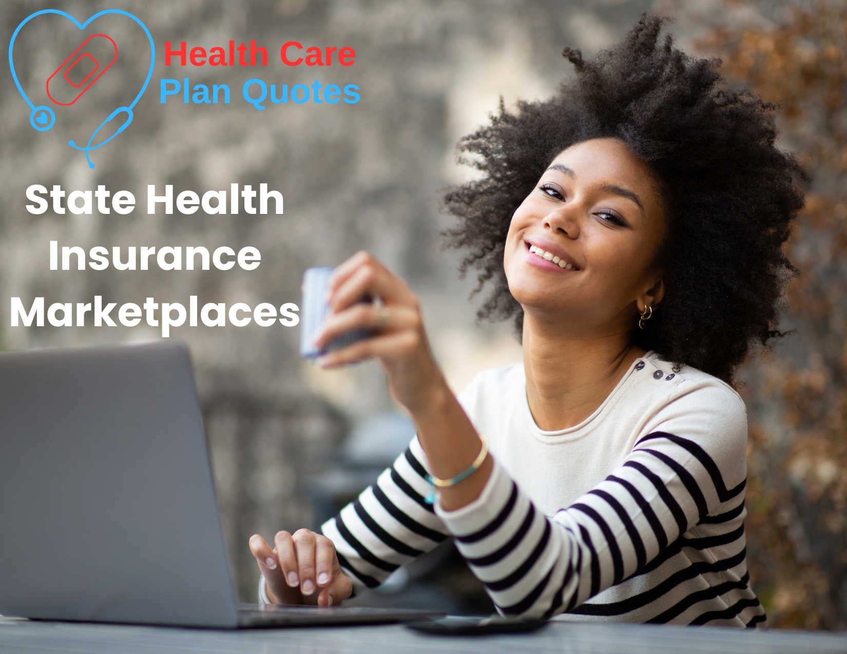 A smiling woman looking at a computer holding a cup with the Health Care Plan Quotes logo and text reading "State Health Insurance Marketplaces" above.