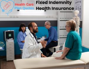 A doctor and nurse consult a pair of elderly patients with the Health Care Plan Quotes logo above next to text reading "Fixed Indemnity Health Insurance".