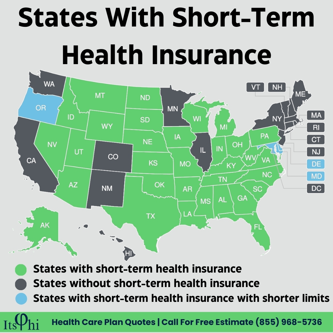 A graphic depicting the 32 states with short-term health insurance, with text above reading "States With Short Term Health Insurance".